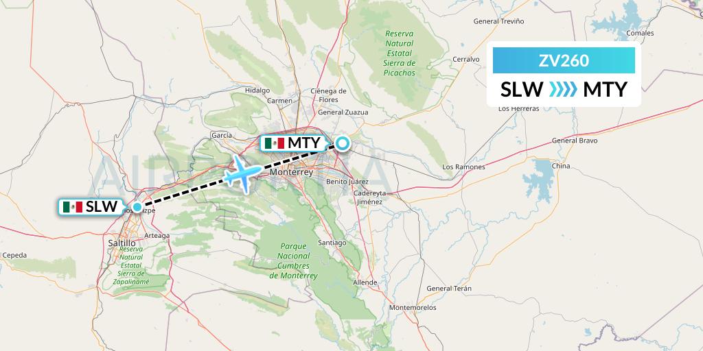 ZV260 Aerus Flight Map: Saltillo to Monterrey