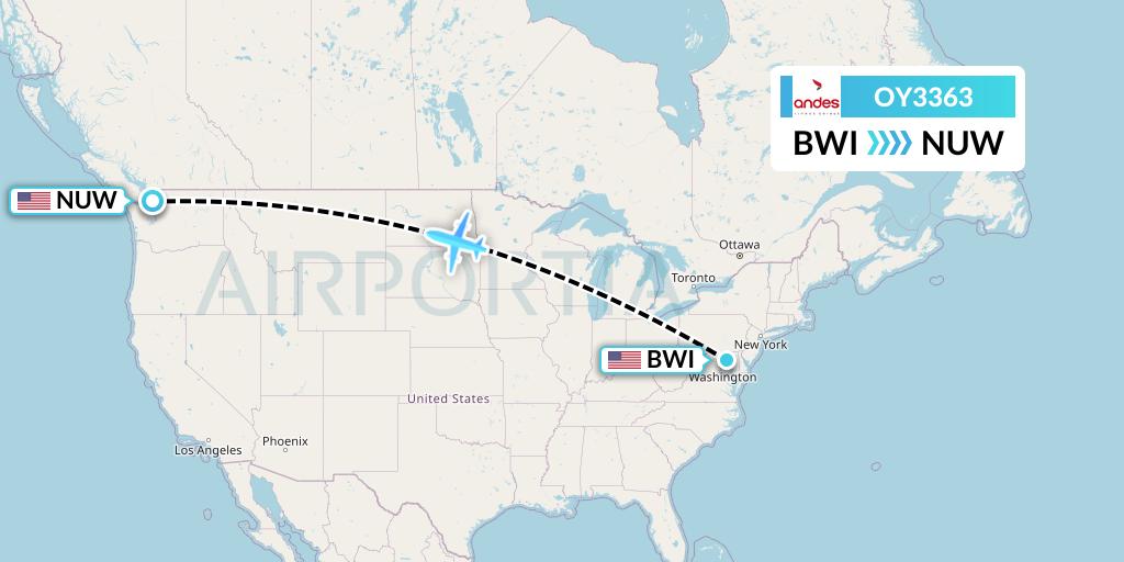OY3363 Omni Air International Flight Map: Baltimore to Oak Harbor