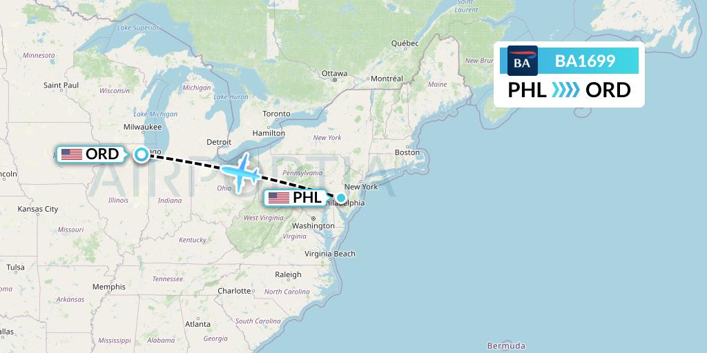 BA1699 British Airways Flight Map: Philadelphia to Chicago