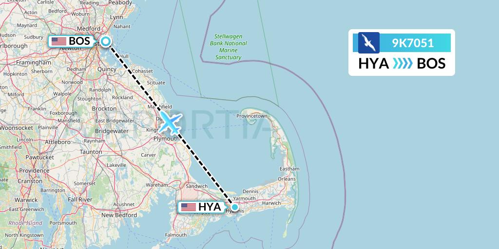 9K7051 Cape Air Flight Map: Hyannis to Boston