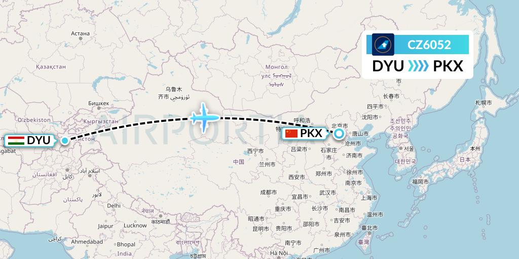 CZ6052 China Southern Airlines Flight Map: Dushanbe to Beijing