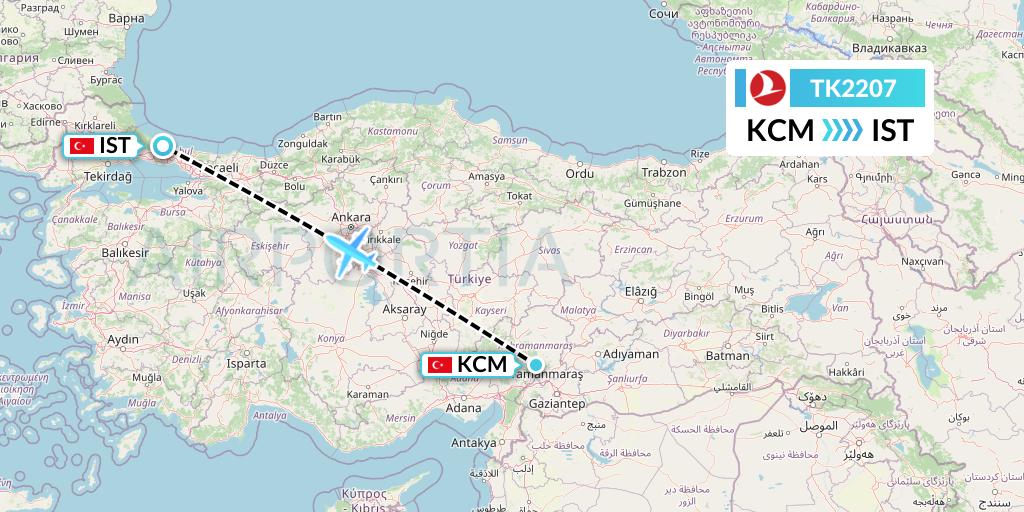 TK2207 Turkish Airlines Flight Map: Kahramanmaras to Istanbul