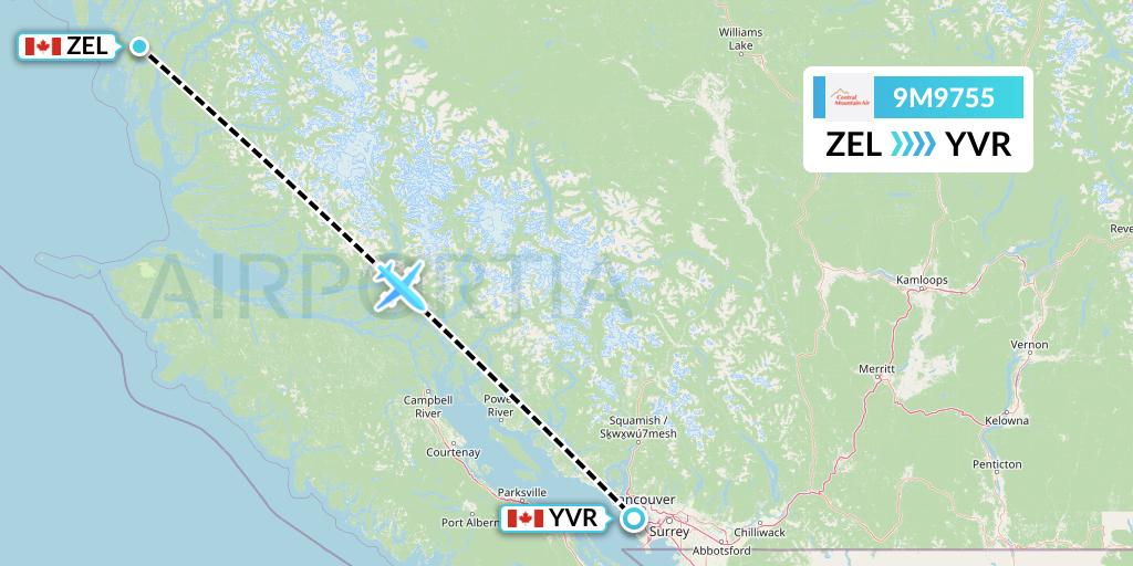 9M9755 Central Mountain Air Flight Map: Bella Bella to Vancouver
