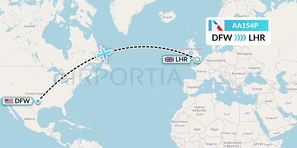 AA154P American Airlines Flight Map: Dallas to London