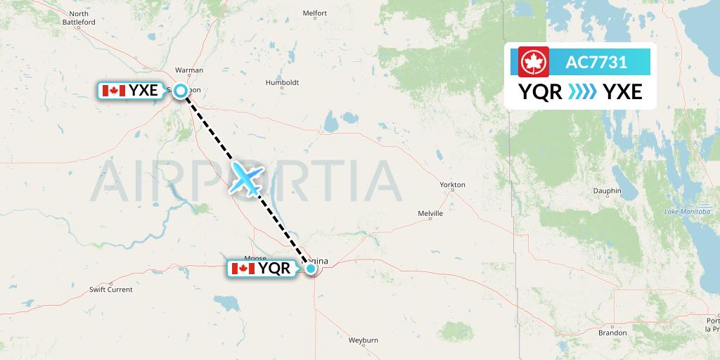 AC7731 Air Canada Flight Map: Regina to Saskatoon