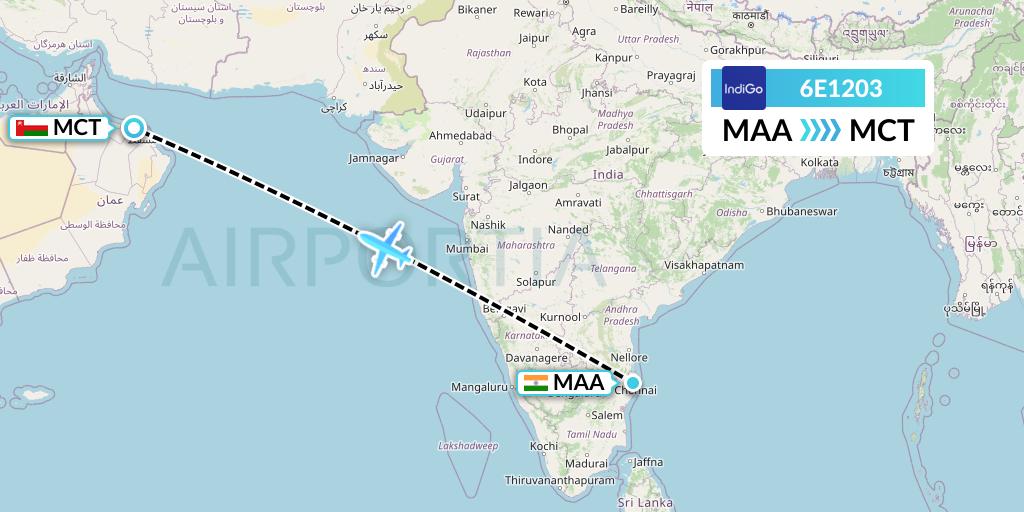 6E1203 IndiGo Airlines Flight Map: Chennai to Muscat