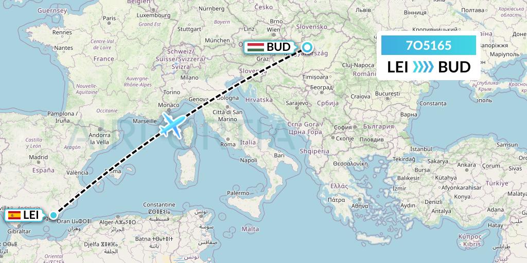 7O5165 Travel Service Hungary Flight Map: Almeria to Budapest