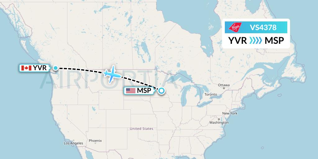 VS4378 Virgin Atlantic Airways Flight Map: Vancouver to Minneapolis