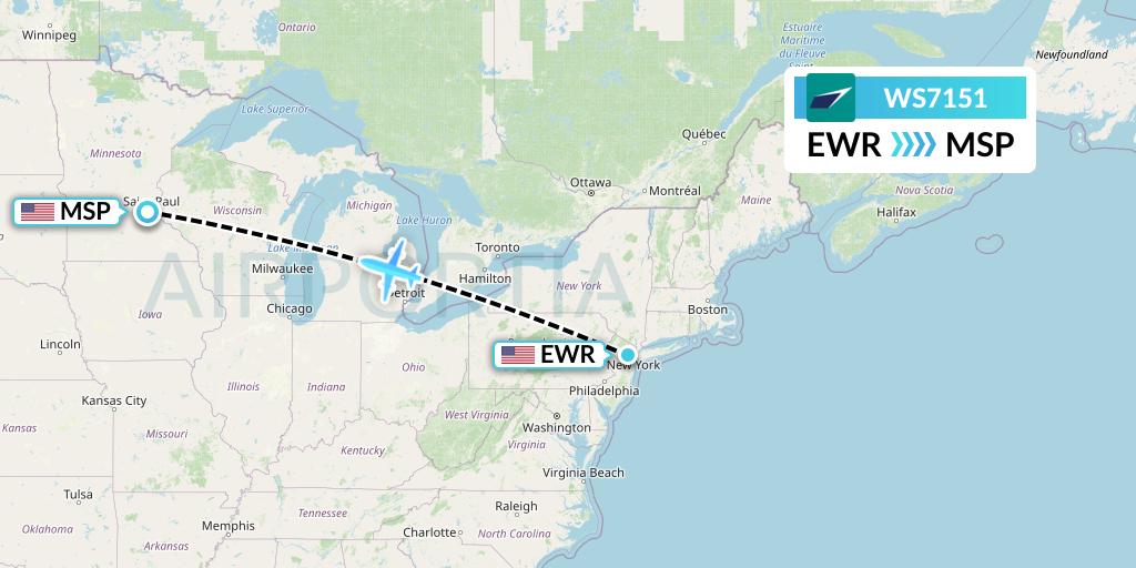 WS7151 WestJet Flight Map: New York to Minneapolis