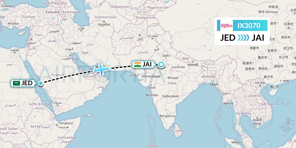 IX3070 Air India Express Flight Map: Jeddah to Jaipur