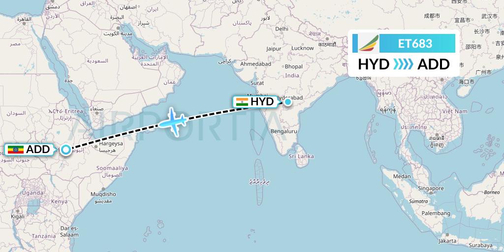 ET683 Ethiopian Airlines Flight Map: Hyderabad to Addis Ababa