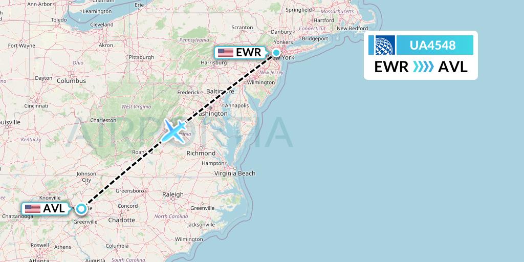 UA4548 United Airlines Flight Map: New York to Asheville