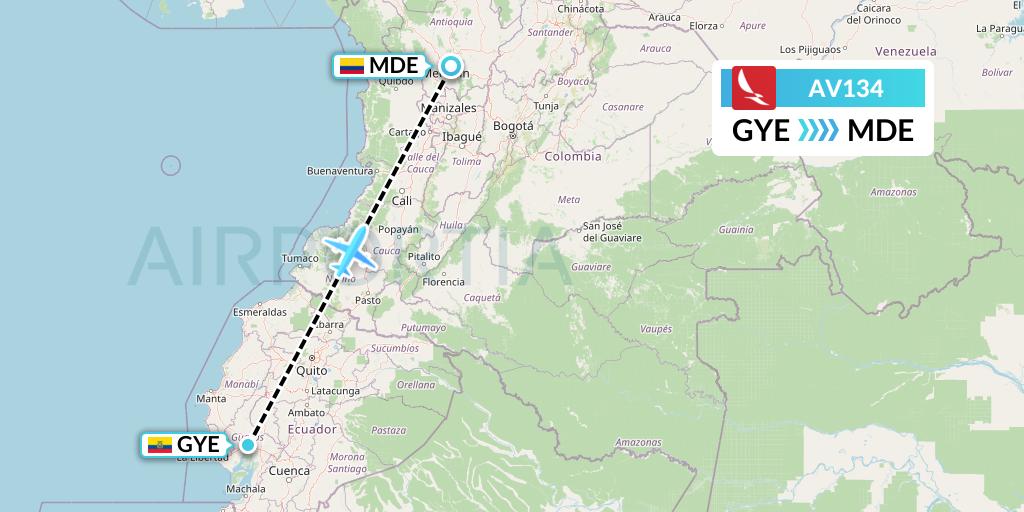AV134 Avianca Flight Map: Guayaquil to Medellin