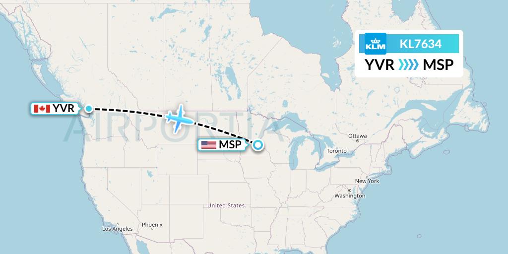 KL7634 KLM Flight Map: Vancouver to Minneapolis