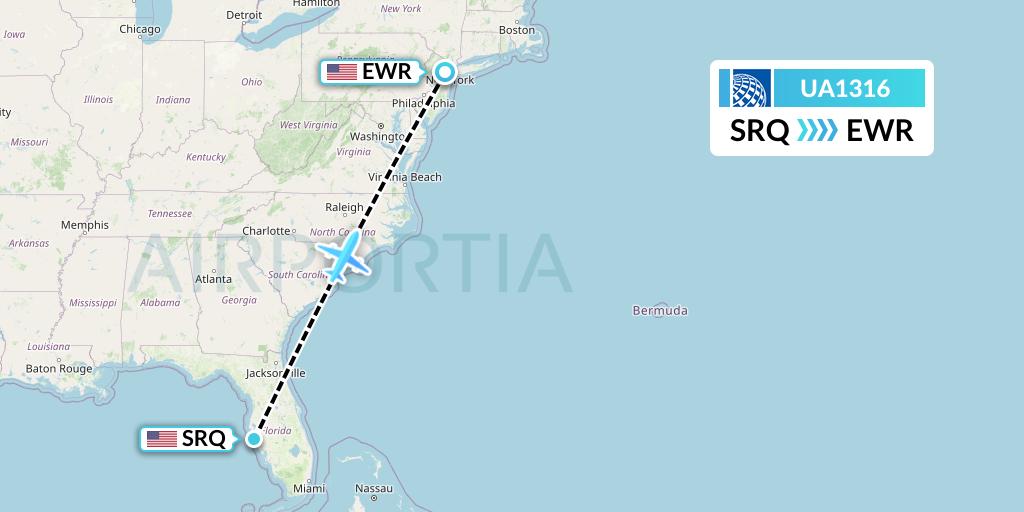 UA1316 United Airlines Flight Map: Sarasota to New York
