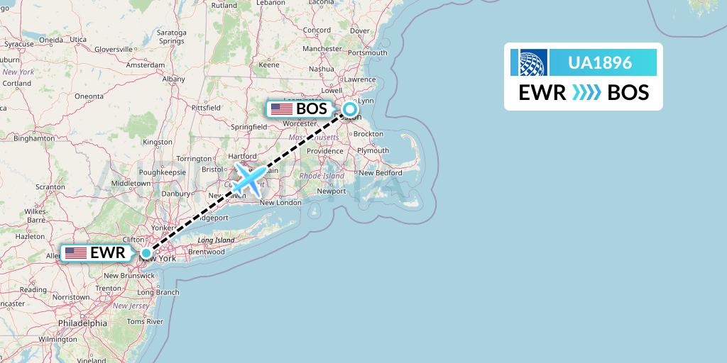 UA1896 United Airlines Flight Map: New York to Boston