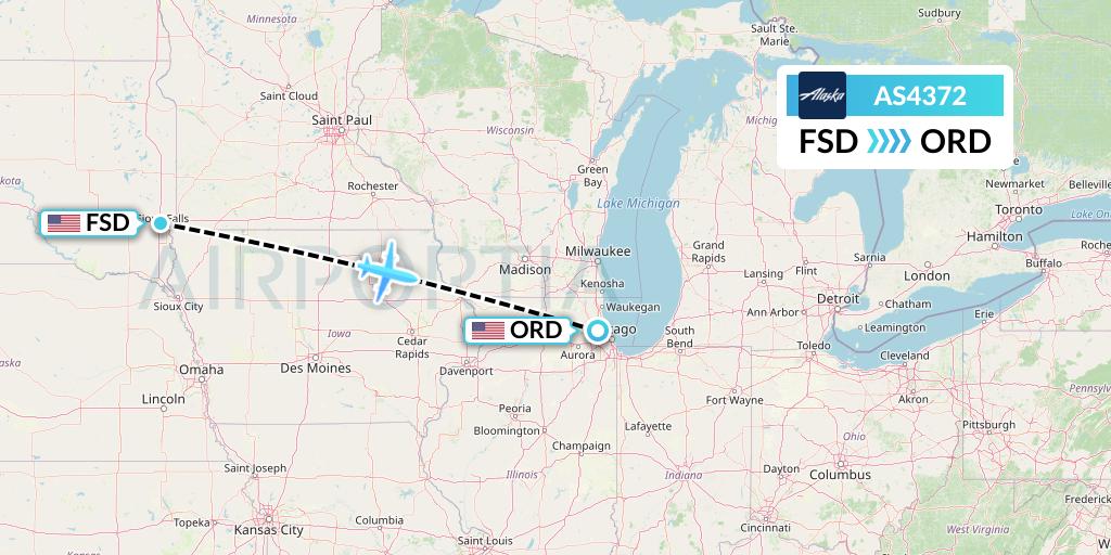 AS4372 Alaska Airlines Flight Map: Sioux Falls to Chicago
