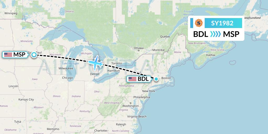 SY1982 Sun Country Airlines Flight Map: Windsor Locks to Minneapolis