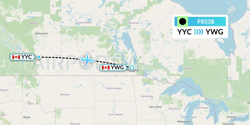F8538 Flair Airlines Flight Map: Calgary to Winnipeg