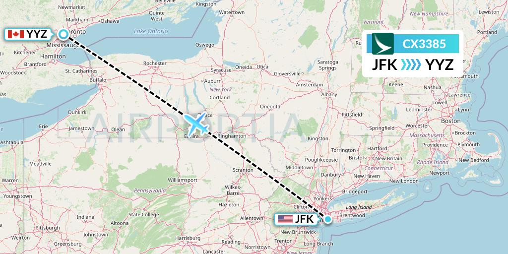 CX3385 Cathay Pacific Flight Map: New York to Toronto