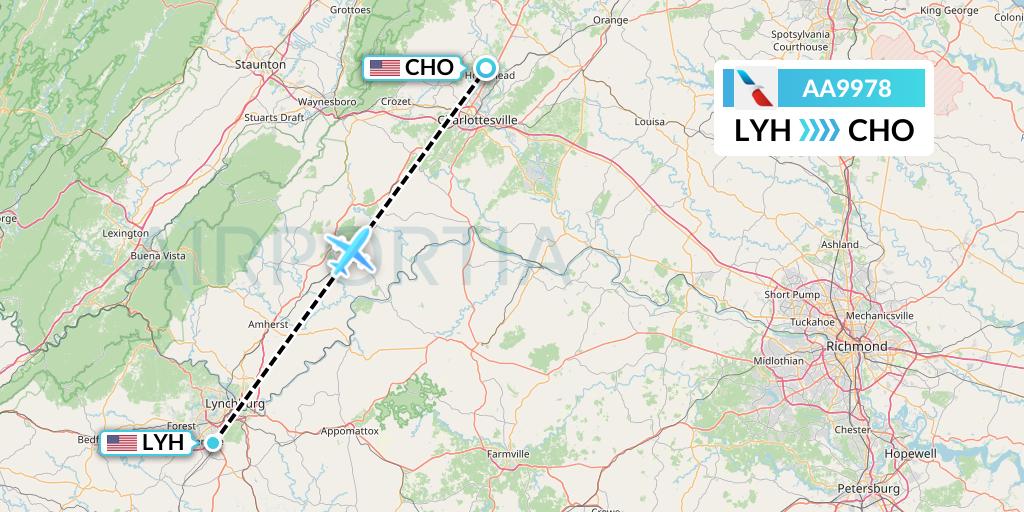 AA9978 American Airlines Flight Map: Lynchburg to Charlottesville