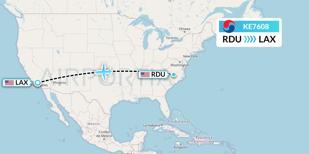 KE7608 Korean Air Flight Map: Raleigh-Durham to Los Angeles