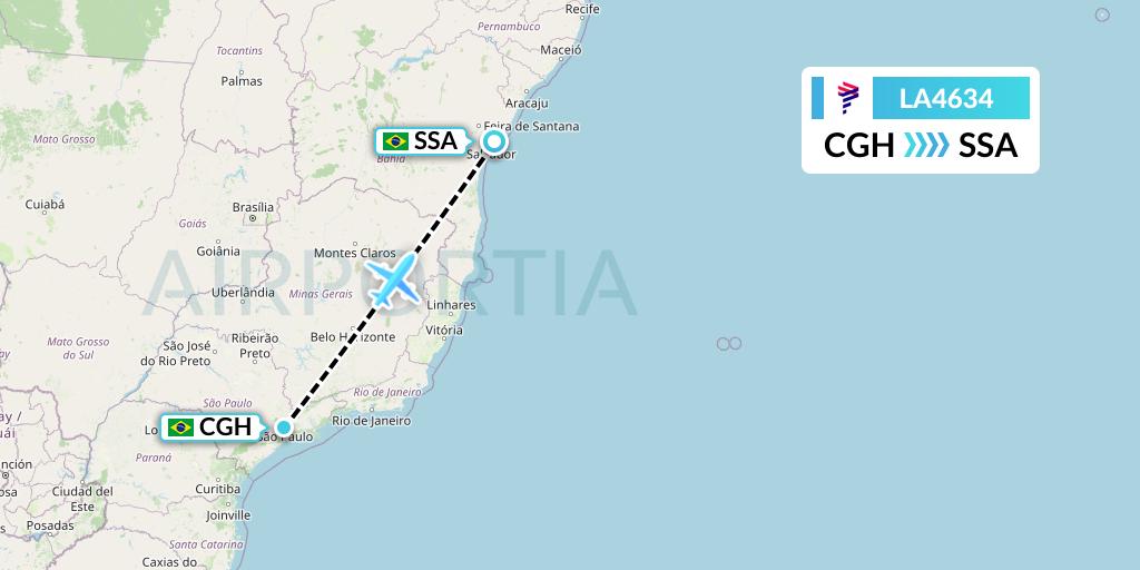LA4634 LAN Airlines Flight Map: Sao Paulo to Salvador