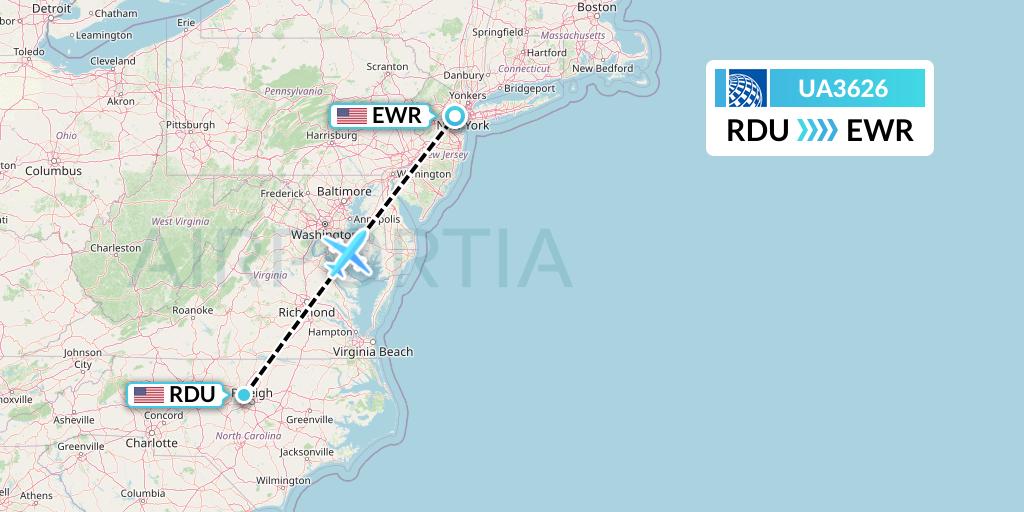 UA3626 United Airlines Flight Map: Raleigh-Durham to New York