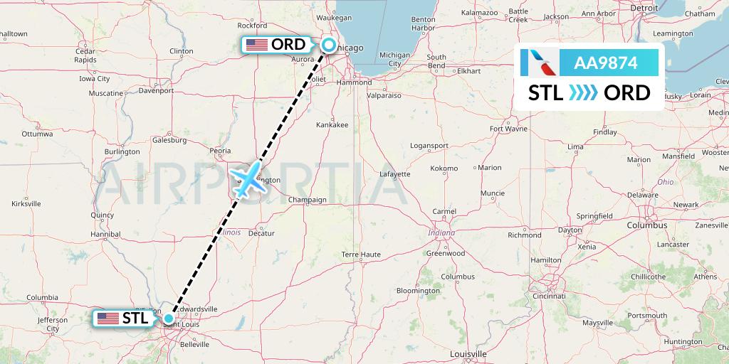 AA9874 American Airlines Flight Map: St. Louis to Chicago