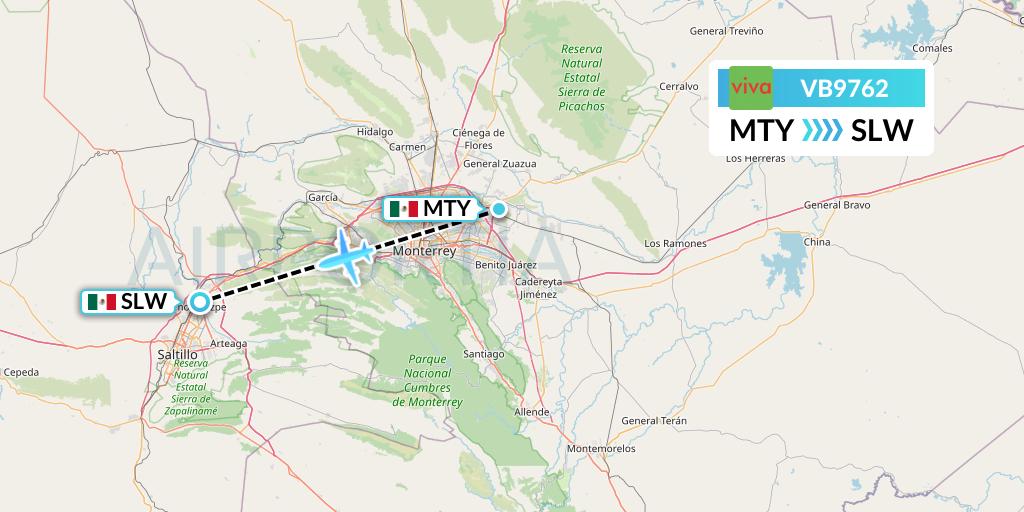 VB9762 VivaAerobus Flight Map: Monterrey to Saltillo