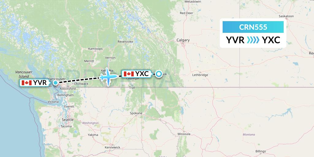 CRN555 Aerocaribbean Flight Map: Vancouver to Cranbrook