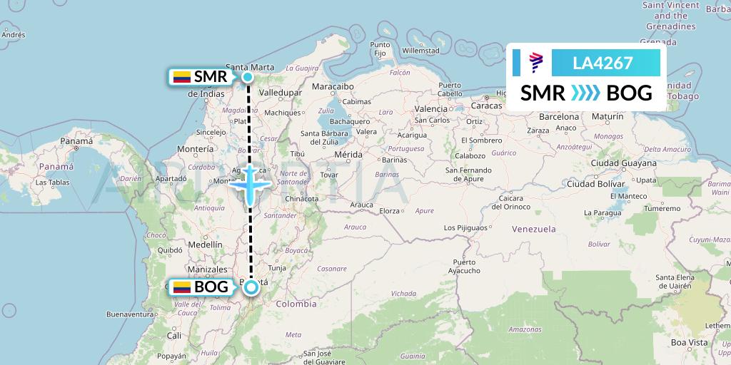 LA4267 LAN Airlines Flight Map: Santa Marta to Bogota