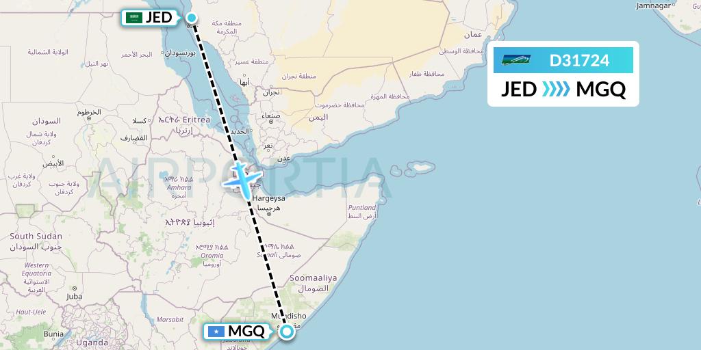 D31724 Daallo Airlines Flight Map: Jeddah to Mogadishu