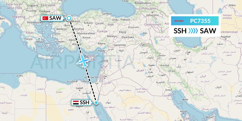 PC7355 Pegasus Airlines Flight Map: Sharm el-Sheikh to Istanbul