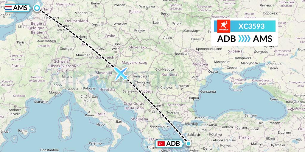 XC3593 Corendon Airlines Flight Map: Izmir to Amsterdam