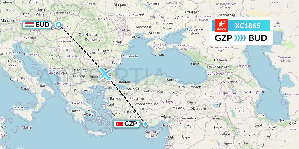 XC1865 Corendon Airlines Flight Map: Gazipasa to Budapest