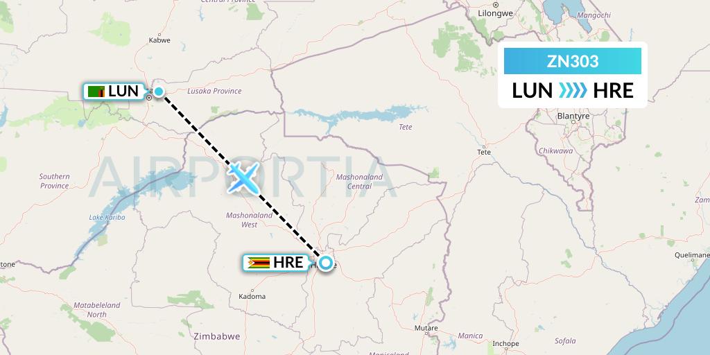 ZN303 Zambia Airways Flight Map: Lusaka to Harare