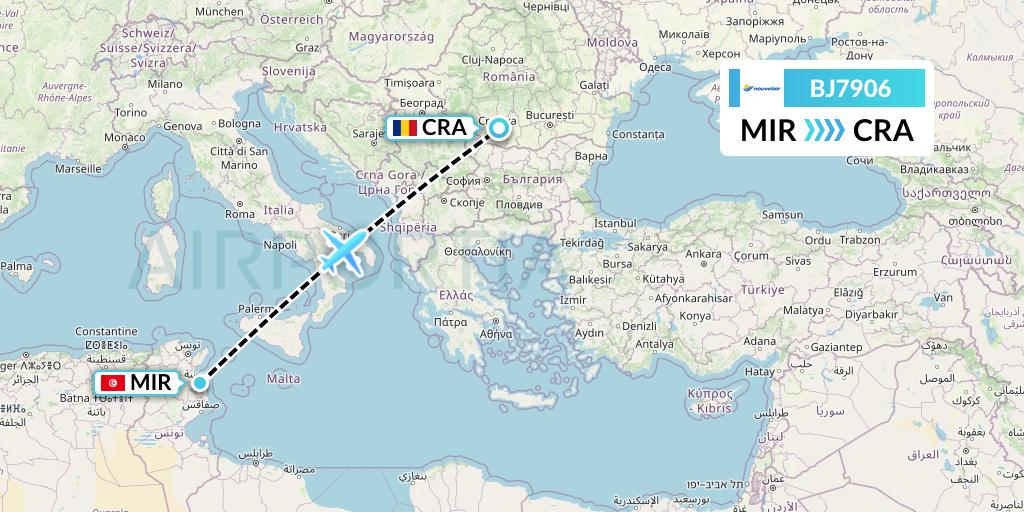 BJ7906 Nouvelair Tunisie Flight Map: Monastir to Craiova