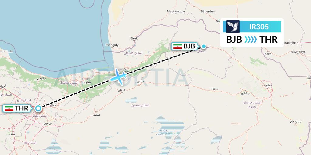 IR305 Iran Air Flight Map: Bojnord to Tehran