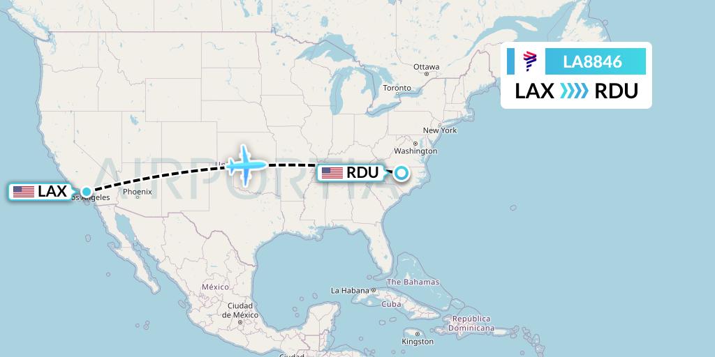 LA8846 LAN Airlines Flight Map: Los Angeles to Raleigh-Durham