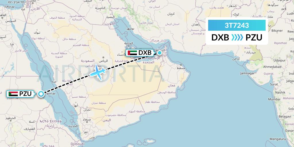 3T7243 Tarco Airlines Flight Map: Dubai to Port Sudan