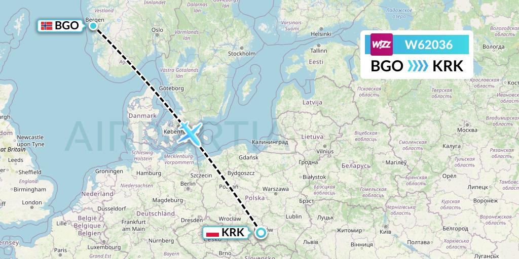 W62036 Wizz Air Flight Map: Bergen to Krakow