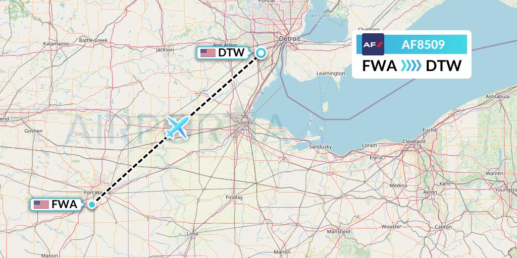 AF8509 Air France Flight Map: Fort Wayne to Detroit