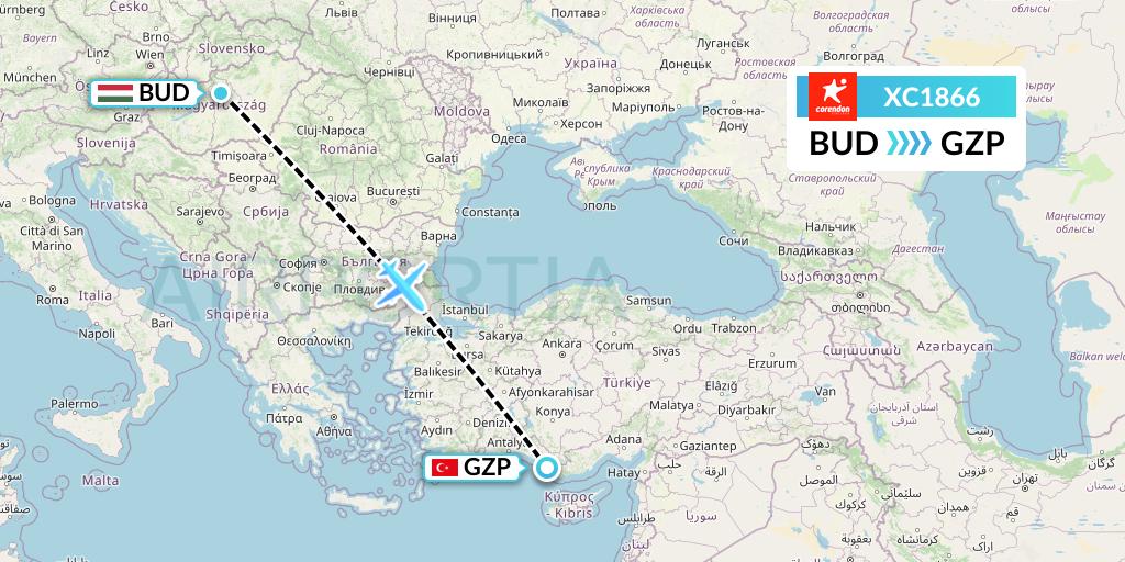 XC1866 Corendon Airlines Flight Map: Budapest to Gazipasa