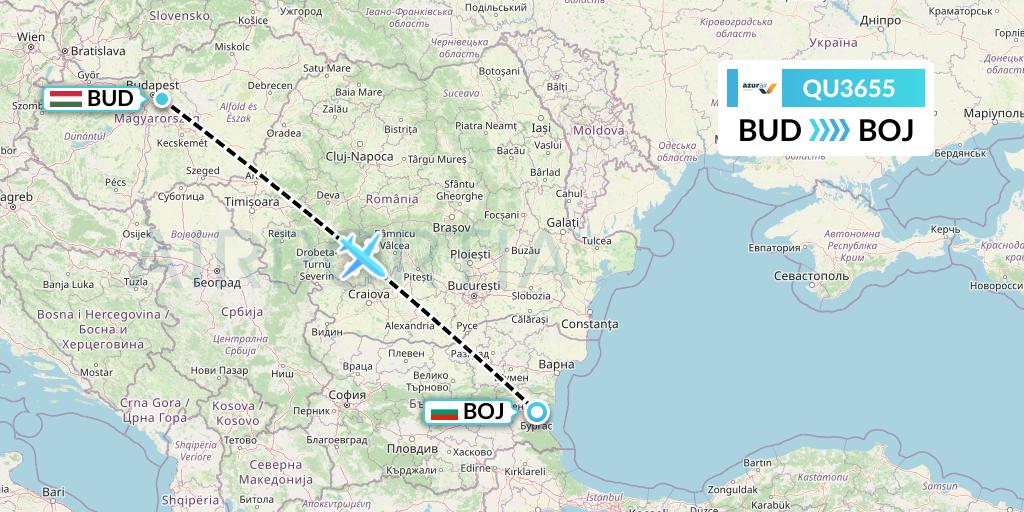 QU3655 Azur Air Ukraine Flight Map: Budapest to Burgas