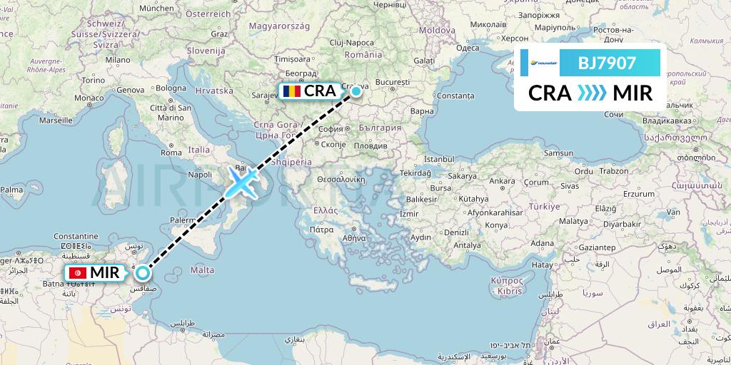 BJ7907 Nouvelair Tunisie Flight Map: Craiova to Monastir