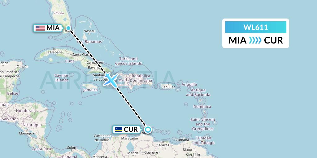 WL611 World Atlantic Airlines Flight Map: Miami to Willemstad