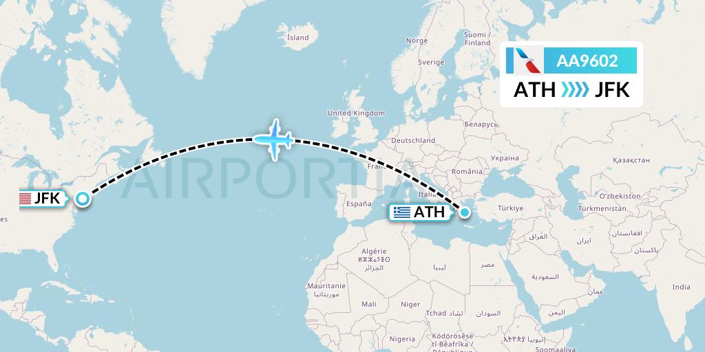 AA9602 American Airlines Flight Map: Athens to New York