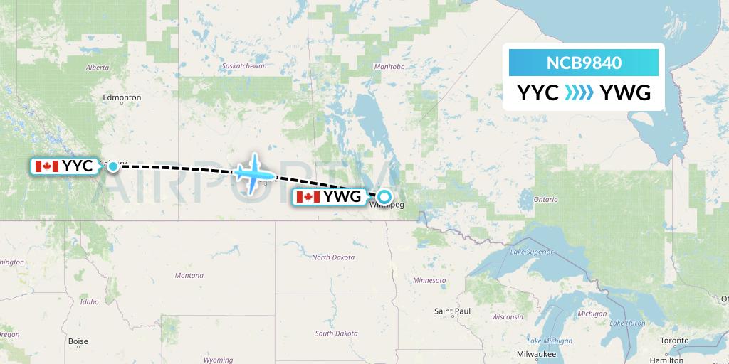NCB9840 North Caribou Flying Service Flight Map: Calgary to Winnipeg
