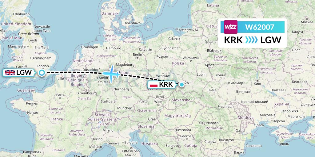 W62007 Wizz Air Flight Map: Krakow to London